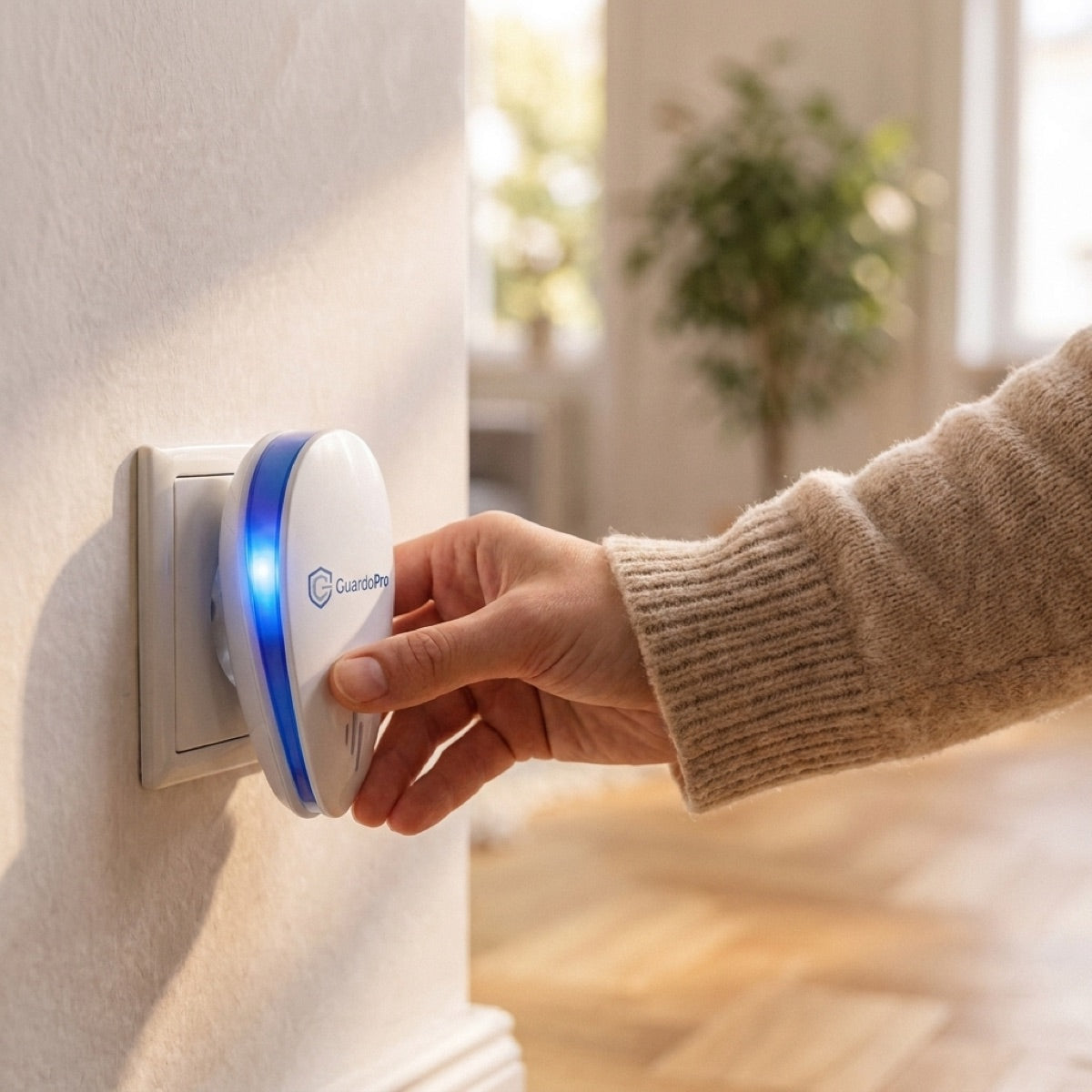 GuardoPro inserito in una presa, il LED blu acceso
