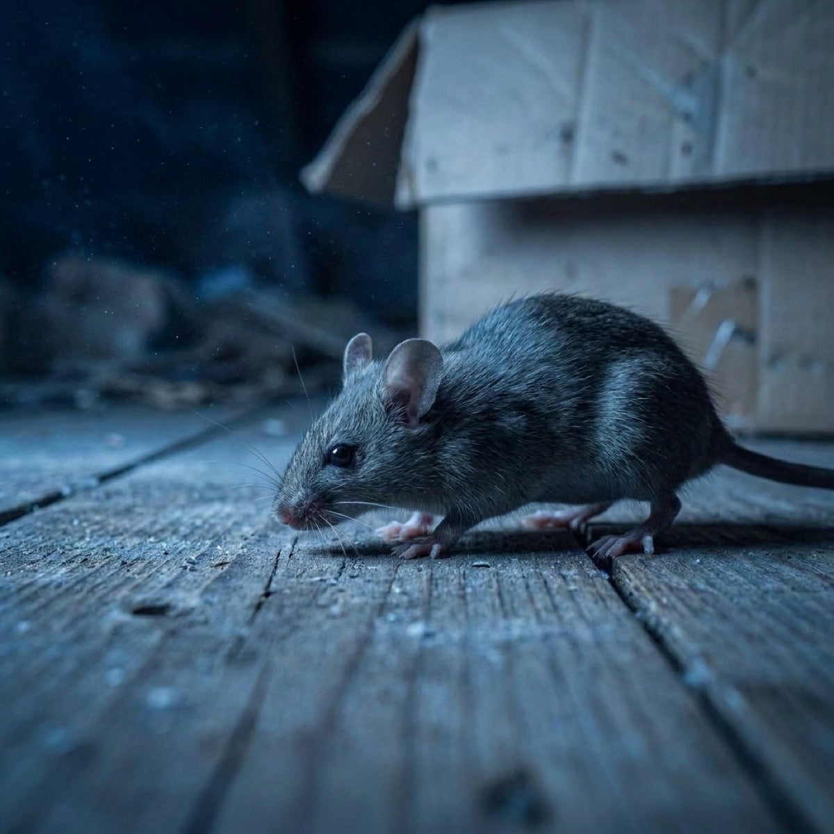 Uno scarafaggio attraversa un pavimento in legno di notte